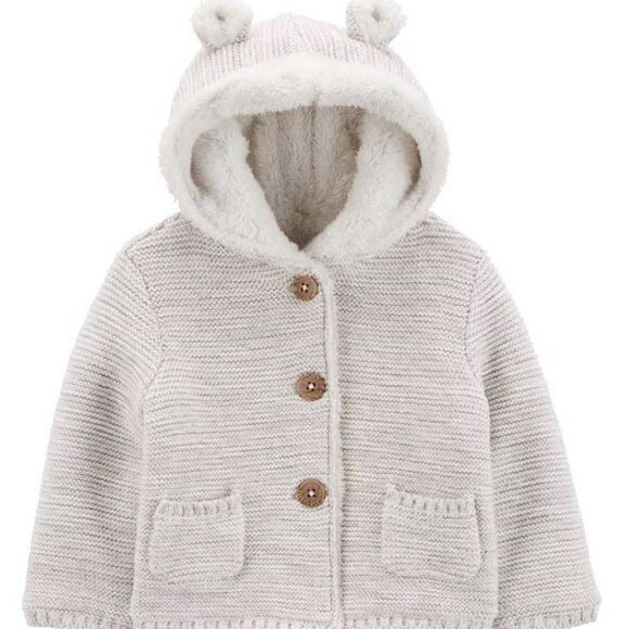 *Hoodie Sweater Carters 12 months Beige Sherpa Lined Button Up Hooded Girls - Picture 1 of 8